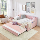 Full Size Gingham Daybed, Upholstered Sofa Bed with Tufted Button Backrest, Trundle & Side Pocket for Bedroom, Living Room