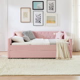 Full Size Gingham Daybed, Upholstered Sofa Bed with Tufted Button Backrest, Trundle & Side Pocket for Bedroom, Living Room
