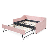 Full Size Gingham Daybed, Upholstered Sofa Bed with Tufted Button Backrest, Trundle & Side Pocket for Bedroom, Living Room