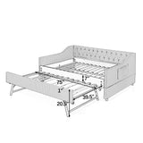 Full Size Gingham Daybed, Upholstered Sofa Bed with Tufted Button Backrest, Trundle & Side Pocket for Bedroom, Living Room