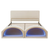 Queen Size Upholstered Platform Bed Frame with Dual Cat Caves, LED Lighted Pet Bed Nook