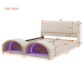 Queen Size Upholstered Platform Bed Frame with Dual Cat Caves, LED Lighted Pet Bed Nook