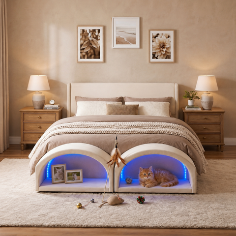 Queen Size Upholstered Platform Bed Frame with Dual Cat Caves, LED Lighted Pet Bed Nook