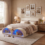 Queen Size Upholstered Platform Bed Frame with Dual Cat Caves, LED Lighted Pet Bed Nook