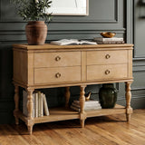 Vintage Console Table with 4 Soft-Close Drawers, Farmhouse Entryway Sofa Table with Bottom Shelf, for Living Room & Hallway, Natural