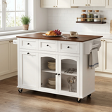 54.2" Rolling Kitchen Island with Drop Leaf, Kitchen Cart with Glass Door, Drawers, Trash Can Cabinet & Knife Holder for Kitchen