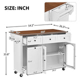 54.2" Rolling Kitchen Island with Drop Leaf, Kitchen Cart with Glass Door, Drawers, Trash Can Cabinet & Knife Holder for Kitchen