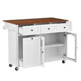 54.2" Rolling Kitchen Island with Drop Leaf, Kitchen Cart with Glass Door, Drawers, Trash Can Cabinet & Knife Holder for Kitchen