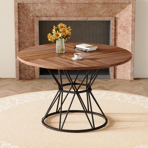 47" Round Modern Industrial Dining Table, Wood Grain Kitchen Table Splicing Desktop with Black Hourglass Metal Base for 4-6