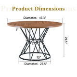 47" Round Modern Industrial Dining Table, Wood Grain Kitchen Table Splicing Desktop with Black Hourglass Metal Base for 4-6