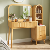 Fluted Makeup Vanity Desk Vanity Table, Dressing Table w/ Mirror, Charging Station, Glass Display Top & Arched Tower Cabinet, Natural