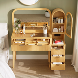 Fluted Makeup Vanity Desk Vanity Table, Dressing Table w/ Mirror, Charging Station, Glass Display Top & Arched Tower Cabinet, Natural