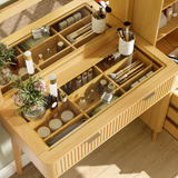 Fluted Makeup Vanity Desk Vanity Table, Dressing Table w/ Mirror, Charging Station, Glass Display Top & Arched Tower Cabinet, Natural