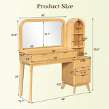 Fluted Makeup Vanity Desk Vanity Table, Dressing Table w/ Mirror, Charging Station, Glass Display Top & Arched Tower Cabinet, Natural