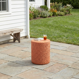 Outdoor Patio End Table Round Side Table, All-Weather Faux Woven Rattan Drum Accent Table, Brown
