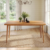 Acacia Wood Outdoor Dining Table, Classic Slatted Rectangle Patio Table with Tapered Legs & Built-in Umbrella Hole, Teak