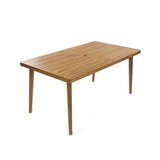 Acacia Wood Outdoor Dining Table, Classic Slatted Rectangle Patio Table with Tapered Legs & Built-in Umbrella Hole, Teak