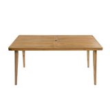 Acacia Wood Outdoor Dining Table, Classic Slatted Rectangle Patio Table with Tapered Legs & Built-in Umbrella Hole, Teak