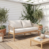 Outdoor Patio Loveseat, Acacia Wood Sofa Couch with Handwoven Rope-Weave Detail & Beige Cushion