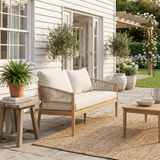 Outdoor Patio Loveseat, Acacia Wood Sofa Couch with Handwoven Rope-Weave Detail & Beige Cushion