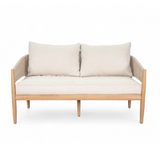 Outdoor Patio Loveseat, Acacia Wood Sofa Couch with Handwoven Rope-Weave Detail & Beige Cushion