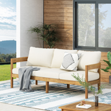 76.5" Outdoor Sofa Couch Acacia Wood 3-Seater Patio Sofa, Rounded Tuxedo Design with Water-Resistant Cushions, Teak+Beige
