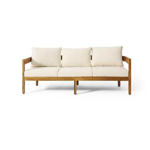 76.5" Outdoor Sofa Couch Acacia Wood 3-Seater Patio Sofa, Rounded Tuxedo Design with Water-Resistant Cushions, Teak+Beige