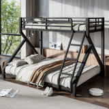 Metal Bunk Bed, Heavy-Duty Black Steel Bed Frame with Support Slats & Safety Ladder, Twin XL over Queen Low-Profile Bunk Bed