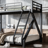 Metal Bunk Bed, Heavy-Duty Black Steel Bed Frame with Support Slats & Safety Ladder, Twin XL over Queen Low-Profile Bunk Bed