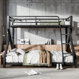 Metal Bunk Bed, Heavy-Duty Black Steel Bed Frame with Support Slats & Safety Ladder, Twin XL over Queen Low-Profile Bunk Bed