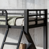 Metal Bunk Bed, Heavy-Duty Black Steel Bed Frame with Support Slats & Safety Ladder, Twin XL over Queen Low-Profile Bunk Bed