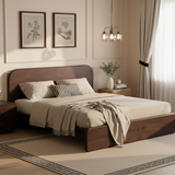 Mid-Century Modern Platform Bed Frame, King Size Solid Rubberwood Bed Frame with Rounded Headboard, Walnut