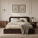 Mid-Century Modern Platform Bed Frame, King Size Solid Rubberwood Bed Frame with Rounded Headboard, Walnut