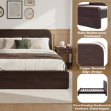 Mid-Century Modern Platform Bed Frame, King Size Solid Rubberwood Bed Frame with Rounded Headboard, Walnut