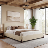 King Upholstered Platform Bed Frame, Premium Chenille Bed Frame with Solid Wood Feet, Beige