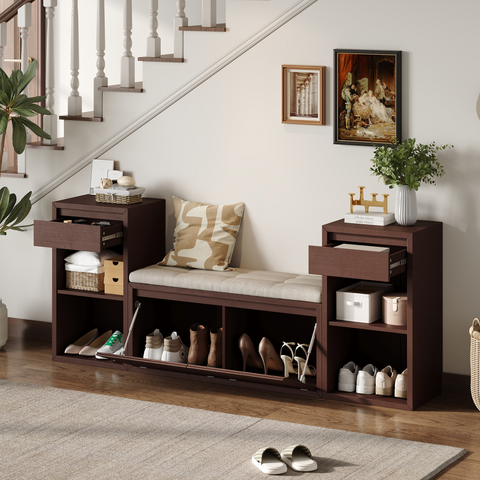 All-in-One Entryway Storage Bench with Cushion, Hallway Mudroom Bench with Drawers, Flip-Down Compartments & Adjustable Shelves