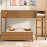 Full XL Over Full XL Wooden Bunk Bed with Storage Shelf & Ladder, Space-Saving Bunk Bed Frame