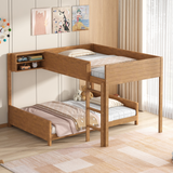 Full XL Over Full XL Wooden Bunk Bed with Storage Shelf & Ladder, Space-Saving Bunk Bed Frame