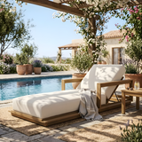 Modern 5-Position Patio Recliner Chaise Lounge Chair, Acacia Wood Adjustable Sunlounger with Waterproof Off-White Cushion
