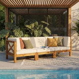 X-Back 3-Seater Outdoor Sofa Couch with Acacia Wood Frame & Water-Resistant Cushions, Patio Conversation Furniture Set