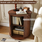 2-Tier Storage Cylinder Nightstand, 1 PC Wood End Table with Charging Station & Sliding Door for Living Room, Bedroom