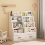 Kids Bookshelf with 2 Storage Drawers, Wooden Toddler Bookcase & Toy Organizer, Multi-Tier Children's Reading Shelf, White