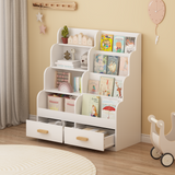 Kids Bookshelf with 2 Storage Drawers, Wooden Toddler Bookcase & Toy Organizer, Multi-Tier Children's Reading Shelf, White