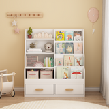 Kids Bookshelf with 2 Storage Drawers, Wooden Toddler Bookcase & Toy Organizer, Multi-Tier Children's Reading Shelf, White