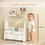 Kids Bookshelf with Wooden Handle, 2-Tier Toddler Bookcase, Portable Children's Book Storage Organizer, White