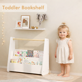 Kids Bookshelf with Wooden Handle, 2-Tier Toddler Bookcase, Portable Children's Book Storage Organizer, White