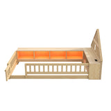 Twin Size Wood Floor Bed with House-Shaped Headboard, Guardrail, Cabinets, LED Light, USB Ports, Kids Platform Bed Frame