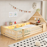 Twin Size Wood Floor Bed with House-Shaped Headboard, Guardrail, Cabinets, LED Light, USB Ports, Kids Platform Bed Frame
