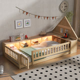 Twin Size Wood Floor Bed with House-Shaped Headboard, Guardrail, Cabinets, LED Light, USB Ports, Kids Platform Bed Frame