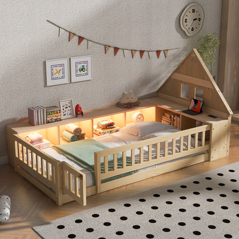 Twin Size Wood Floor Bed with House-Shaped Headboard, Guardrail, Cabinets, LED Light, USB Ports, Kids Platform Bed Frame